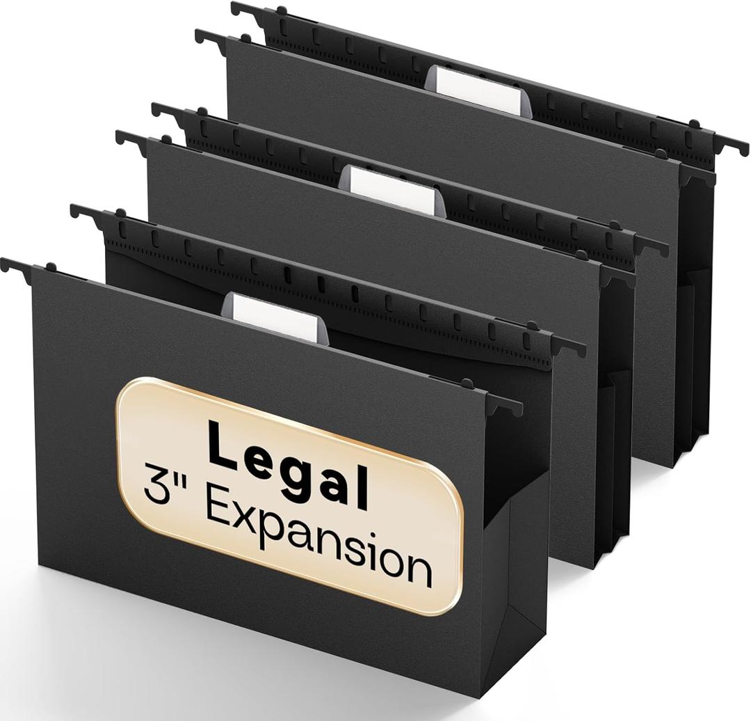 Plastic Legal Hanging File Folders Extra Capacity,3" Expanding Pocket Legal Size,Expandable Large Black Hanging Folders with Tabs,Heavy Duty Filing Cabinet Folder for Bulky Files,6 Pack