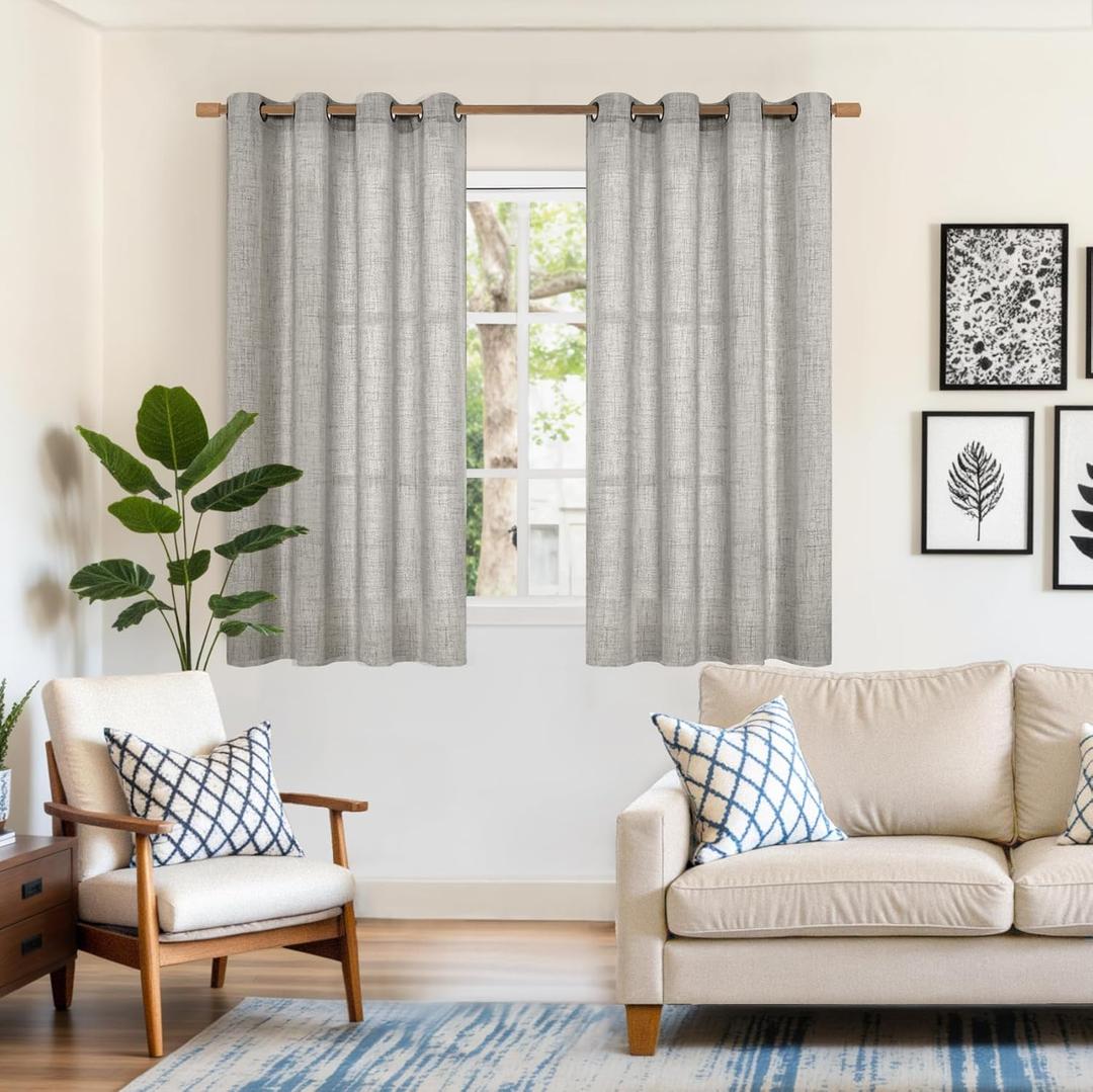 YoungsTex Linen Curtains 54 Inch Length for Living Room, Light Filtering Drapes Bronze Grommet Textured Privacy Semi Sheer for Bedroom Window Decorative, Dark Grey, 52 x 54 Inch, 2 Panels