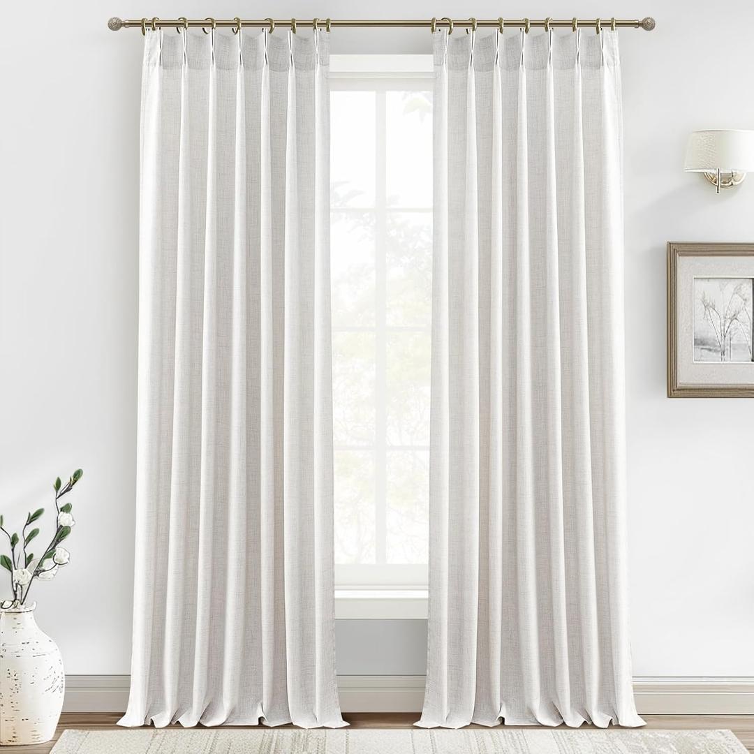 102 Inch Long Curtains for Living/Dining Room, Elegant Pinch Pleated Linen Curtain 102 inches Light Filter Privacy That Let Light in Modern Living Room Curtains 2 Panels Set Beige White