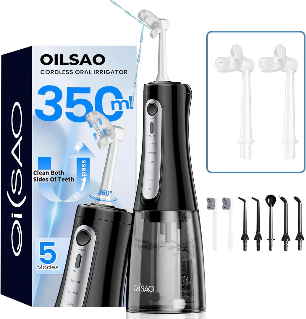 Cordless Water Flosser for Teeth Cleaning Pick, U-Shaped Flossing Head for 360 Deep Clean, 5 Modes & 9 Jet Tips, IPX7 Waterproof, Rechargeable & Portable Oral Irrigator for Travel, 350ML Large Tank (Black)