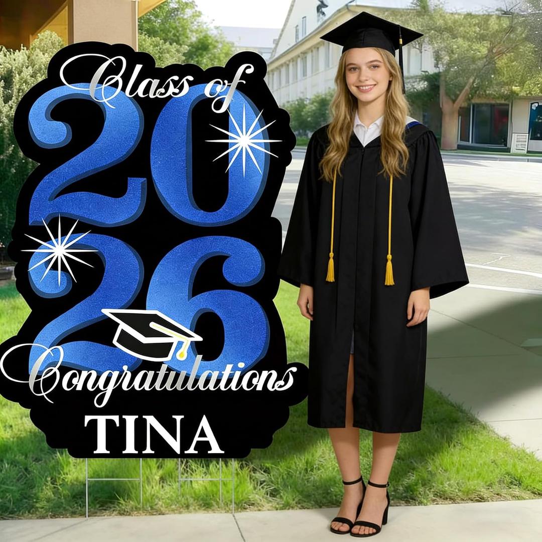 2026 Graduation Yard Sign Decoration,40 Inch Glitter Congrats Graduation Lawn Yard Signs with Stakes for Outdoor Large Waterproof Personalized Congrats Graduation Party Decoration Class of 2026Blue
