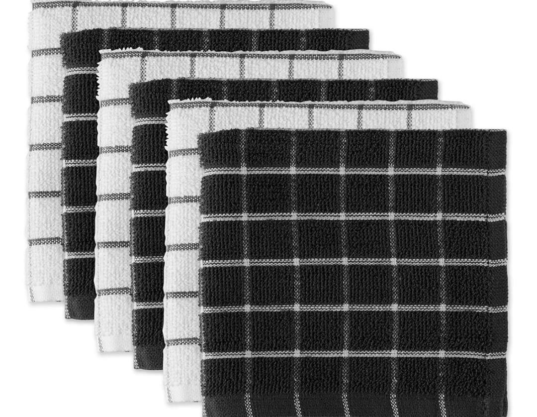 DII Basic Terry Collection Windowpane Dishcloth Set, 12x12, Black,
