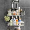 OMAIRA Shower Caddy Hanging with Soap Scrub Holder, Stainless Steel Adjustable No Drilling Non-Slip Large Capacity Sturdy Over Shower Head Shower Organizer Inside Shelves Bathroom Storage Rack, Silver