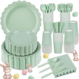 350 Pcs Sage Green Paper Plates and Napkins, Sage Green Party Supplies Include Green Scalloped Plate Paper Napkin Cup Plastic Cutlery for Baby Shower, Wedding, Birthday