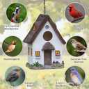 Bird Houses for Outside Rustic Cottage Birdhouse with Thatch Roof Hand-Painted Resin Birdhouses for Outdoors for Bluebird Finches Cardinals Bird Nesting Garden, Patio, Yard