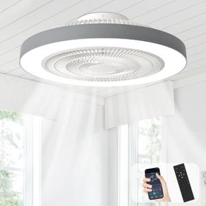 Depuley LED Ceiling Fan with Light: 19" Modern Flush Mount Low Profile Ceiling Fans with Remote & Smart APP Control - Grey Bladeless Fandelier Dimmable Quiet DC Motor for Bedroom Kids Room 6 Speeds