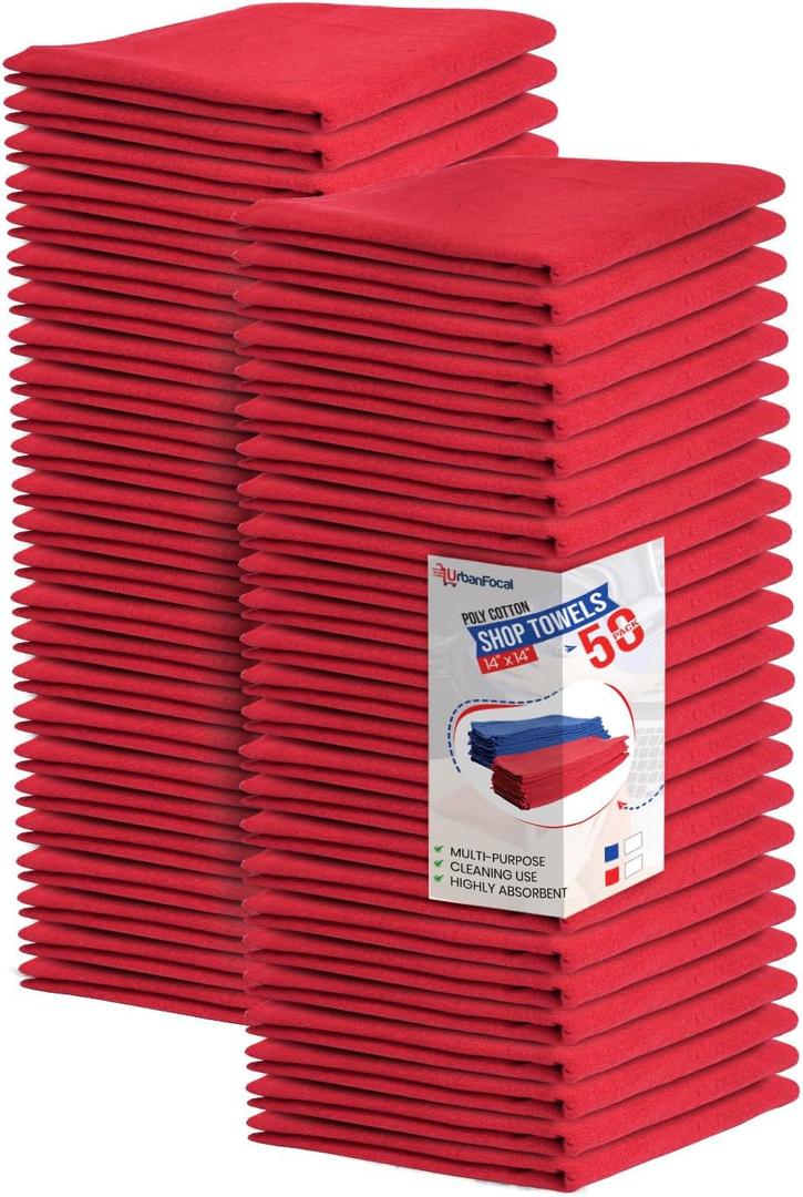 Shop Towels Polycotton Cleaning Cloth 50 Pack - Red Reusable Kitchen Towels Cleaning Highly Absorbent Lint-Free Shop Rags | Shop Towel Red, 14 x 14