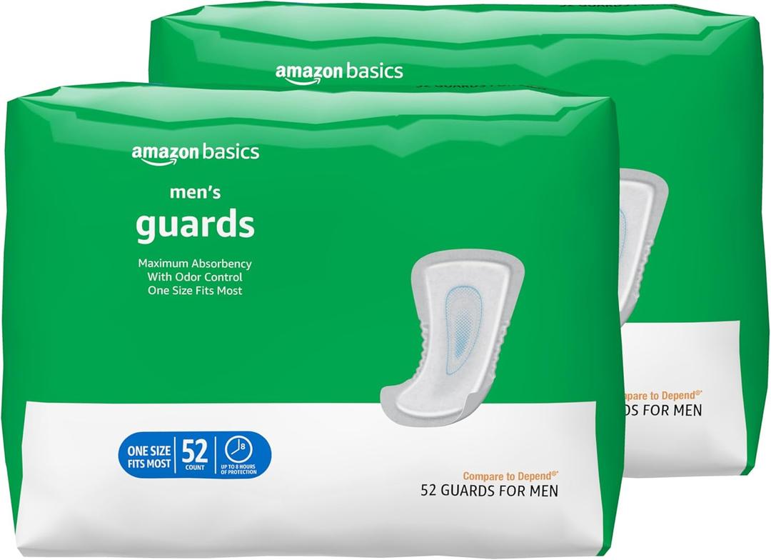 Amazon Basics Men's Incontinence Guards, Maximum Absorbency, Moisture-Wicking with Odor Protection, One Size Fits Most, 104 Count (2 Packs of 52)