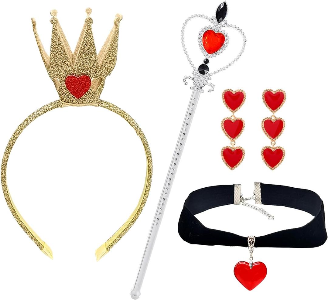 2 x Halloween Queen Costume Accessories Set Including Gold Crown Red Heart Collar Choker Gem Scepter Wand Heart Ear Decor for Women Queen Costume Party Accessories
