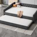 Full Size Upholstered Daybed with Twin Size Trundle, Upholstered Tufted Sofa Bed with Button Backrest and Copper Nail Decorated Arms, Solid Wood Daybed for Living Room, Bedroom