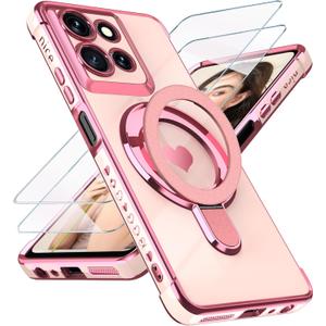 for Motorola Moto G 5G 2025 Love Heart Kickstand Case with 2X Screen Protector: Luxury Plated Gold Edge Slim Soft TPU Shockproof Protection Case Cover for Moto G 5G 2025 (Pink)