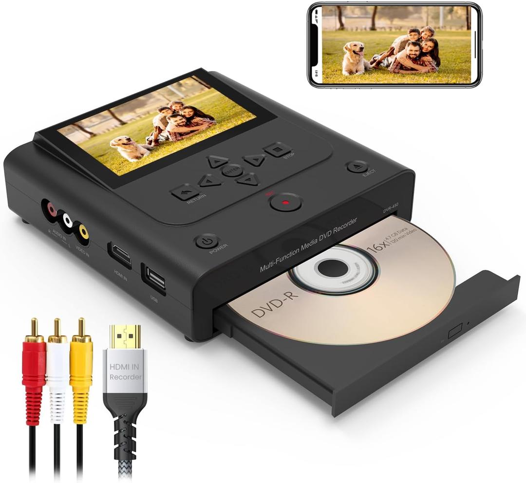 VHS to DVD Recorder, VCR to DVD Recorder-Convert Photos and Videos Between VHS,VCR,Memory Card，DVD and USB. Phone can use a Free app to Burn Videos and Photos, Also has TV Recording Function(Black）