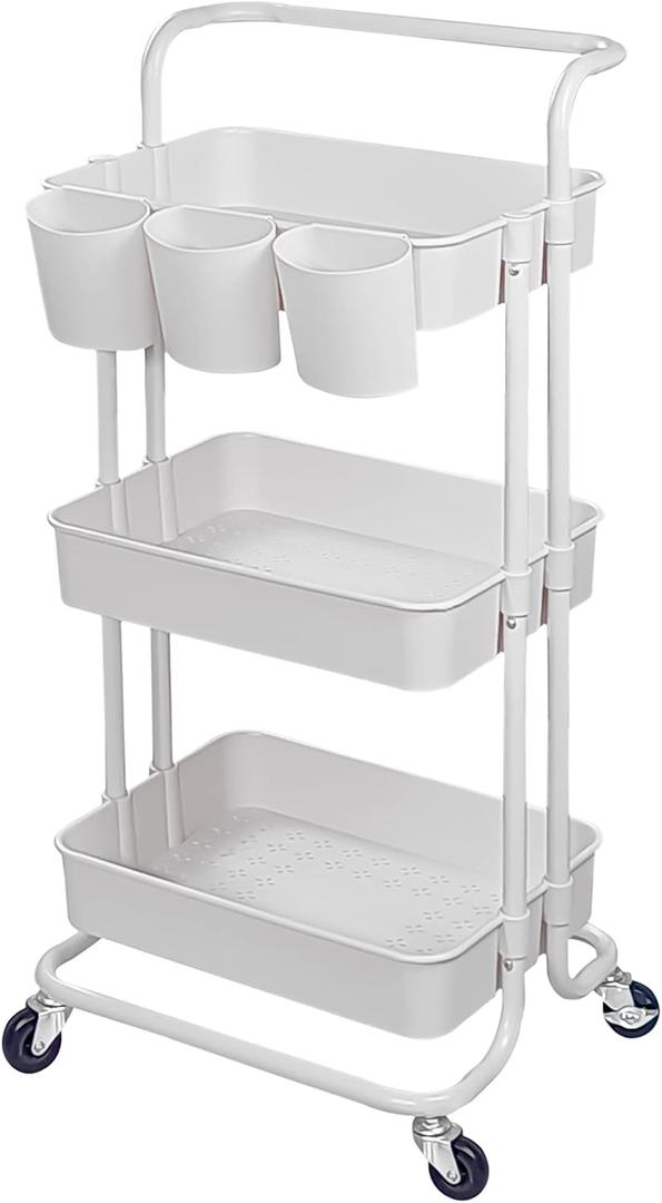3-Tier Multifunction Rolling Cart Utility Storage Shelves Cart with Hanging Cup Lockable Wheels and Handle for Office Living Room Kitchen Bathroom (White)