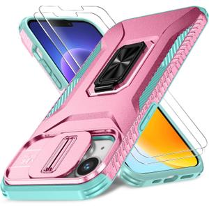 Case for iPhone 13/iPhone 14 6.1-Inch Slide Camera Cover+Screen Protector(2 Packs), Military Grade Shockproof Protective Cover, Rotated Ring Kickstand with Camera Protection (Pink+Celadon)