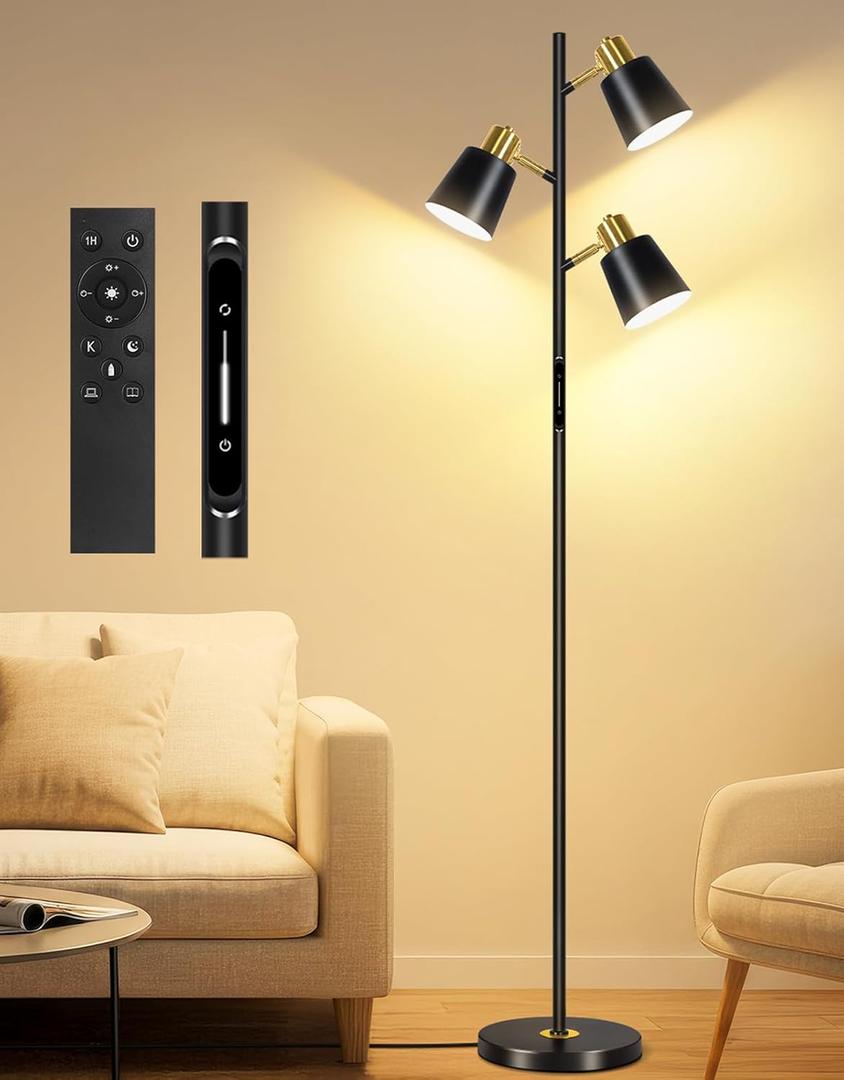 OUTON Tree Floor Lamp, LED Dimmable Floor Lamp with Remote And Touch Slide Control, 4 Color Temperatures, 3 Rotatable Lights, Modern Standing Lamp for Living Room Bedroom Office, Bulbs Included, Black