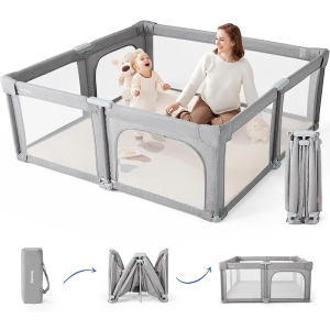 Sweeby Baby Playpen, 59x59 Inch Baby Gate Foldable Playpens for Babies and Toddlers, Extra Large Playpen with Door Play Yard for Baby Fence Indoor and Outdoor Play Pen, Grey