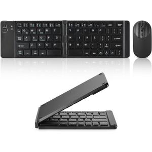 Mini Rechargeable Foldable Bluetooth Keyboard and Mouse Combo, Portable (Sync Up to 3 Devices), Ultra-Slim Travel Folding Keyboard for iPhone iPad Mac Android Windows iOSBlack
