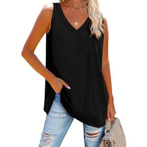Fisoew Women V Neck Tank Tops Summer Loose Casual Basic Solid Color Sleeveless Shirts Tunic Tops (X-Large, Black)
