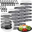 Tessco for you 24 Pack Heavy Duty Serving Tray with Clear Lid and Sporks Large Disposable Plastic Catering Tray Round Black Platter for Fruit Sandwich Party Takeout Food Picnic Supply (12 Inch)