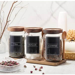 KOSKIMER Coffee and Sugar Container Set, Glass Coffee Jars with Wooden Lids and Scoops, Decorative Sugar Tea Creamer Canisters for Kitchen Countertop (25oz)