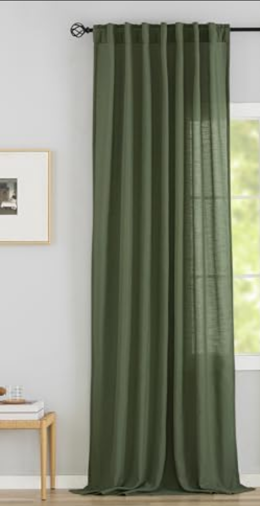 DR Olive Green Linen Back Tab Curtains - 94 Inch Long, 1 Panel Set for Living Room - Modern Village Hooks, Belt Pleated, Semi Privacy, Sheer, Rod Pocket, Light Filtering