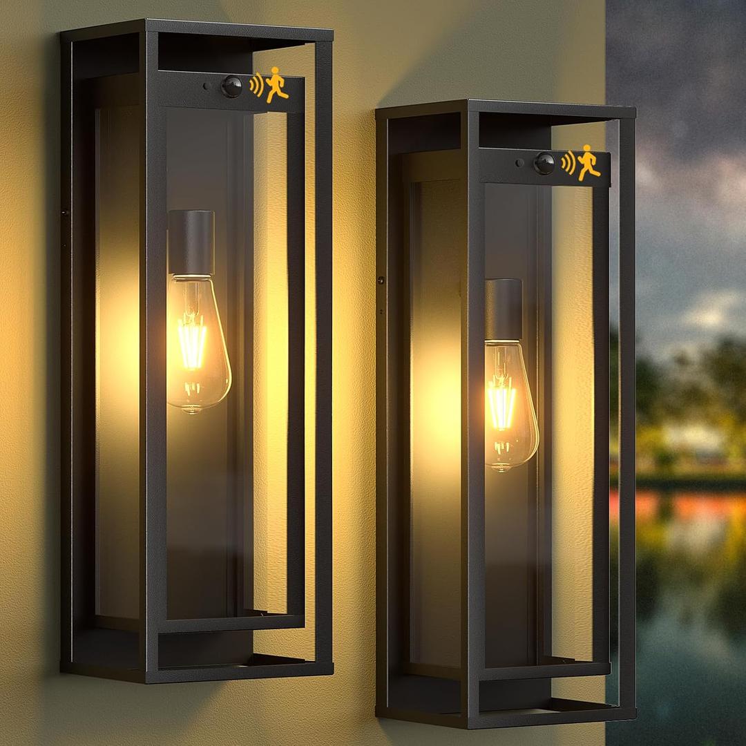 20in Outdoor Wall Light Motion Sensor-Black Modern Sconce Waterproof Exterior Lighting Fixture E26 Socket Porch Lights Extra Large Lantern for Entryway Patio House Garage 2Pack