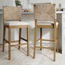 Nathan James Beacon Bohemian Boucle Bar Stool with Back, Bar Height Kitchen Island Chair, Seagrass Bar Stool, Cream Boucle/Brushed Light Brown, Set of 2