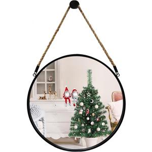 POZINO Round Mirror, 15" Rope Hanging Mirror, Farmhouse Circle Mirrors, Black Metal Frame Wall Mirrors for Bathroom, Bedroom, Living Room, Entryway, Fireplace, Home Decor