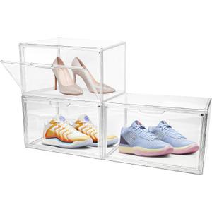 3 Pack Clear Acrylic Sneaker Shoe Display Case,Shoe Storage Boxes Stackable,Acrylic Boxes for Shoes Display with Lid,Boot Storage Organizer for Tall Boot,Purse Handbag Organizer for Closet
