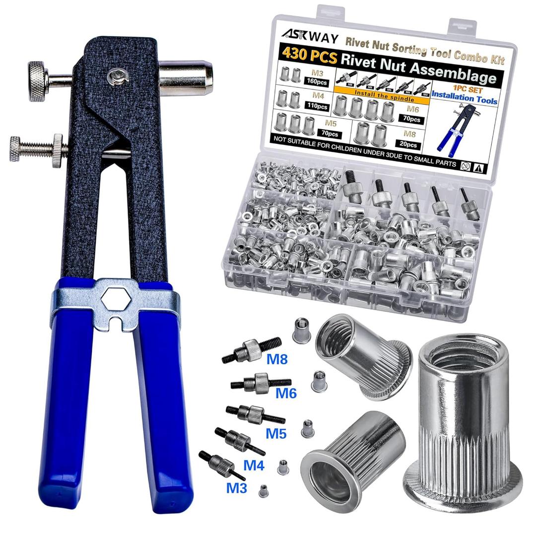 Pressure Rivet Nut Tool Kit, 430Pcs Metric Rivet Nut Combination (M8/M6/M5/M4/M3), Suitable for Furniture, Decoration, Automotive, Marine and Industrial Applications