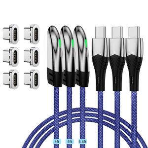 Magnetic USB C Charging Cable 3-Pack(4ft/4ft/6.6ft) PD 65W Fast Magnetic Phone Charging Cable for iPhone 15/14/13/Samsung/Pixel/MacBook/iPad Air, 480Mbps Data Transfer (Blue)