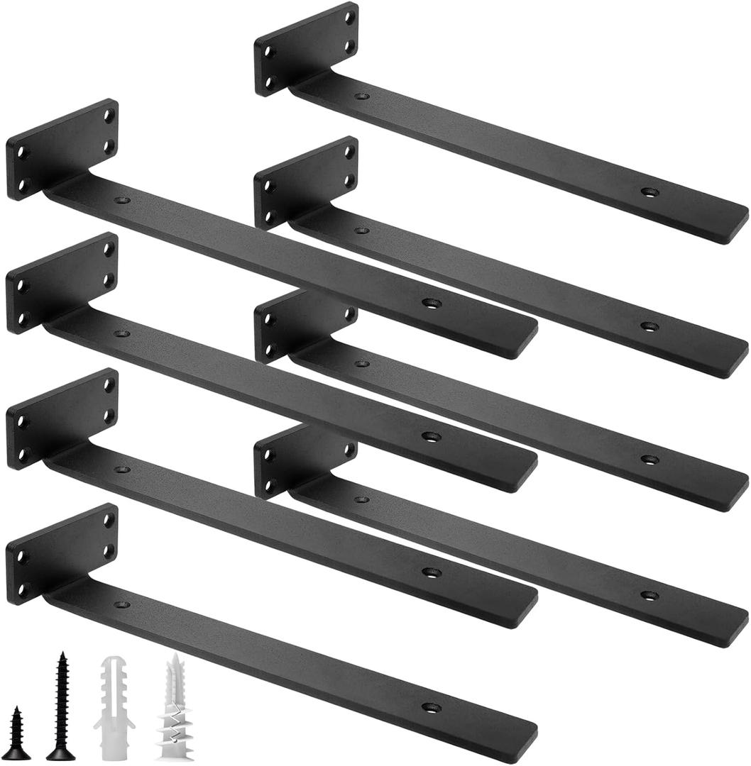 HITOMEN Heavy Duty Floating Shelf Brackets, 12-Inch (1/5'' Thick) Hidden Shelves Hardware, Cast Iron L Brackets, Rustic Industrial Black Metal Wall Shelving Supports, 8 Pack