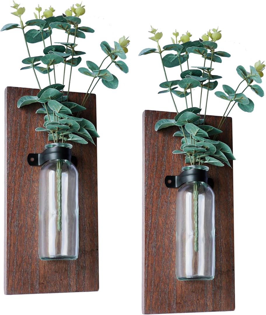 2 Pack Wood Glass Wall Vases and Plants Artificial, Indoor Wood Hanging Vase, Modern Farmhouse Wall Decor for Bathroom Office and Living Room, Farmhouse Sconces Wall Decor (Brown)