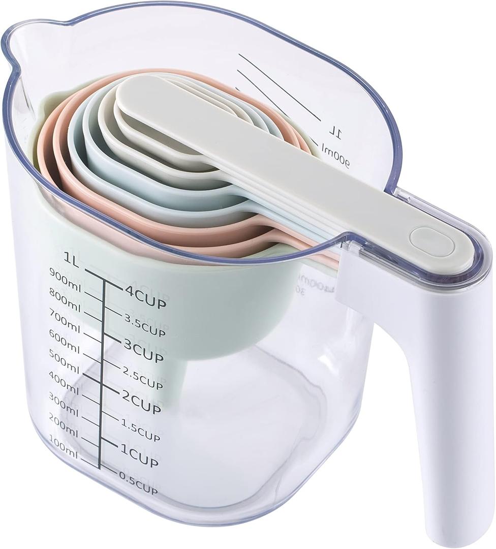 COOK WITH COLOR Measuring Cup Set - 9 PC. Nesting Stackable Liquid Measure Cup, Dry Measuring Cups and Spoons with Funnel and Scraper - Nesting Measuring Cups that Click Together for Easy Storage
