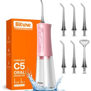 Bitvae Water Dental Flosser Teeth Picks, Cordless Portable Oral Irrigator, Powerful and Rechargeable Oral Irrigator, Brace Care, IPX7 Waterproof Water Dental Picks for Cleaning, Quartz Pink (260ml)