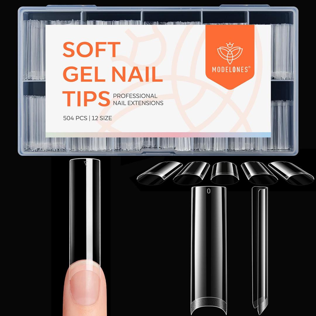 modelones Square Nail Tips, 504 Pcs Acrylic Fake Nails XXL Extra Long Straight No C Curve Half Cover Clear Tips Gel 12 Sizes with Box