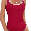 BMJL Women's One Piece Swimsuit Sports Adjustable Strap Bathing Suit Color Block Ribbed High Cut Swimsuits, Large, Red