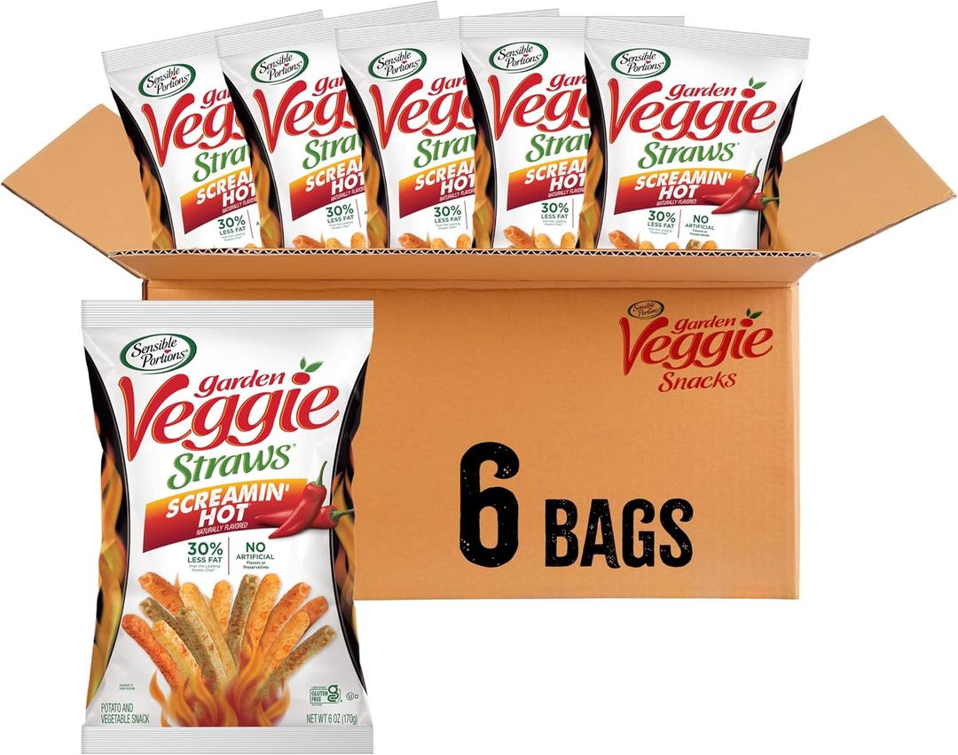 Sensible Portions Veggie Straws, Screamin' Hot Flavor, Gluten-Free Chips, 6 Ounce Bag, 6-Pack, BB: 16 May 2026
