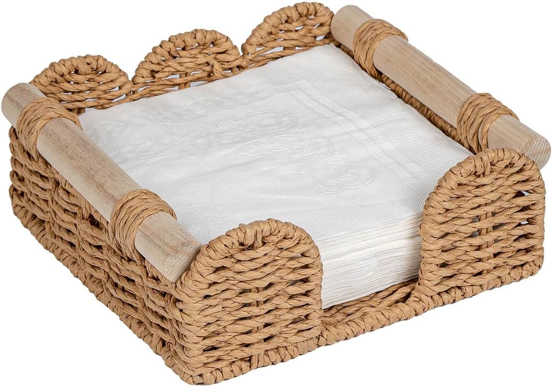 CubesLand Scalloped Napkin Holder for Table, Farmhouse Warming Home Kitchen Decor, Paper Rope Flat Napkin Dispenser Guest Towel Tray for Bathroom, Disposable Napkin Basket for Dining Table, Neutral (Luncheon)