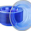 Nervure 50 Pack Blue Plastic Bowls with Gold Rim - 12oz Disposable Soup Bowls - Heavy Duty Dessert Bowl, Salad Bowls & Ice Cream Bowl for Weddings, Parties, Dinners, and Everyday Use