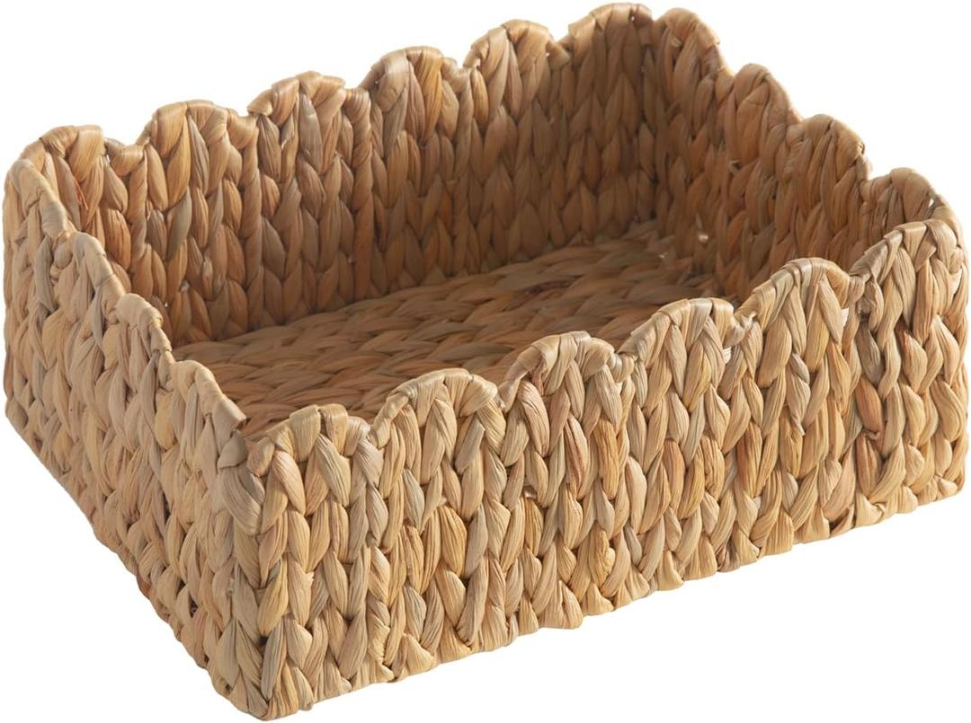 Scalloped Edge Basket, Wicker Storage Baskets, Hand Woven Baskets for Shelves,Natural Baskets for Organizing (Water Hyacinth(M-14" L x 10.5" W x 6" H))