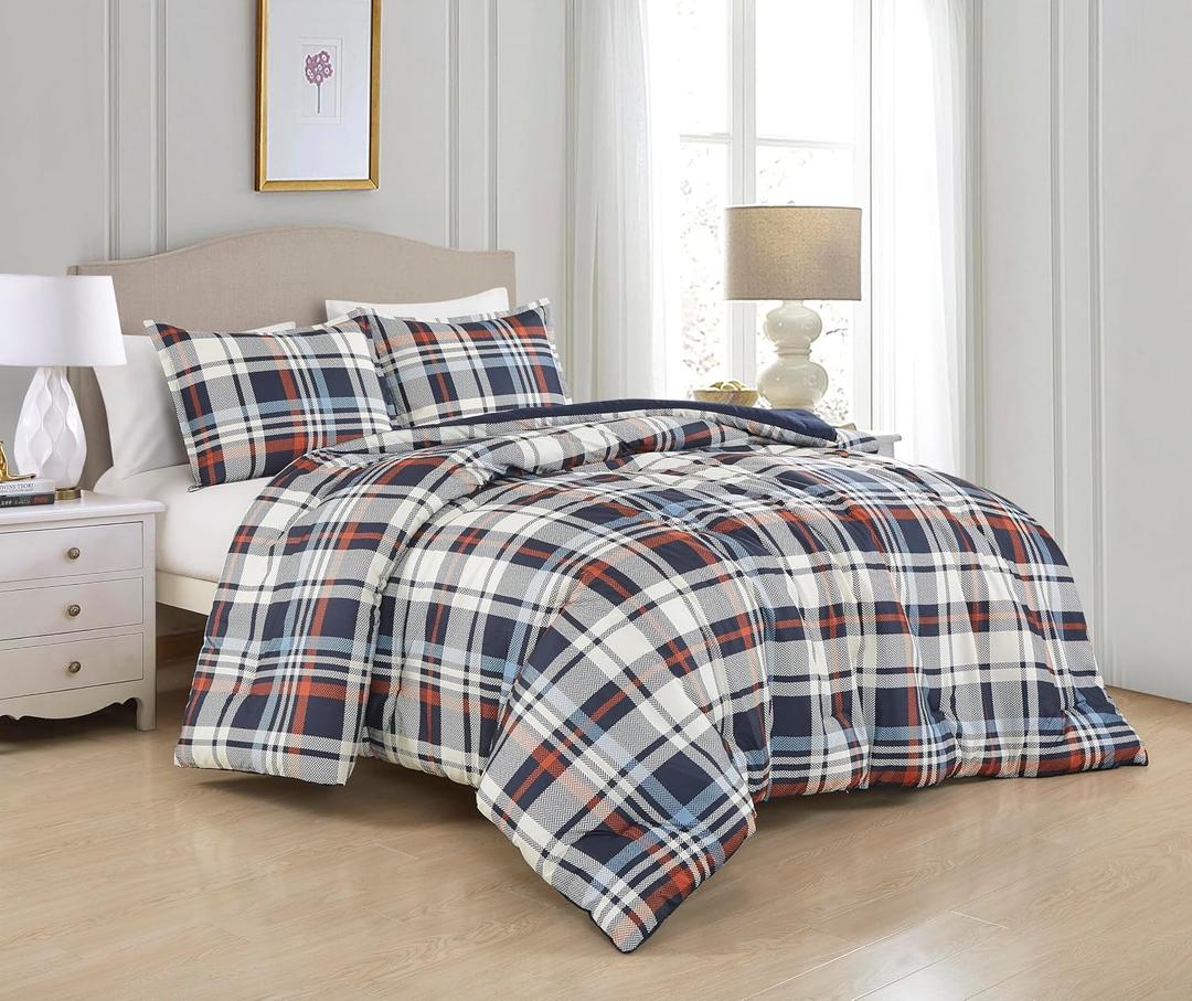 Chezmoi Collection 3-Piece Plaid Comforter Set Full Size - Blue Orange White Herringbone Plaid Stripe Printed Microfiber Bedding Lightweight Breathable Blanket for All Season
