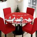 Pardick Red Christmas Round Fitted Tablecloth with Elastic Edge, Reindeer Santa Fitted Table Cloth Waterproof Wipeable Table Cover Holiday Tablecloth, Fits Tables up to 45"-56" Diameter