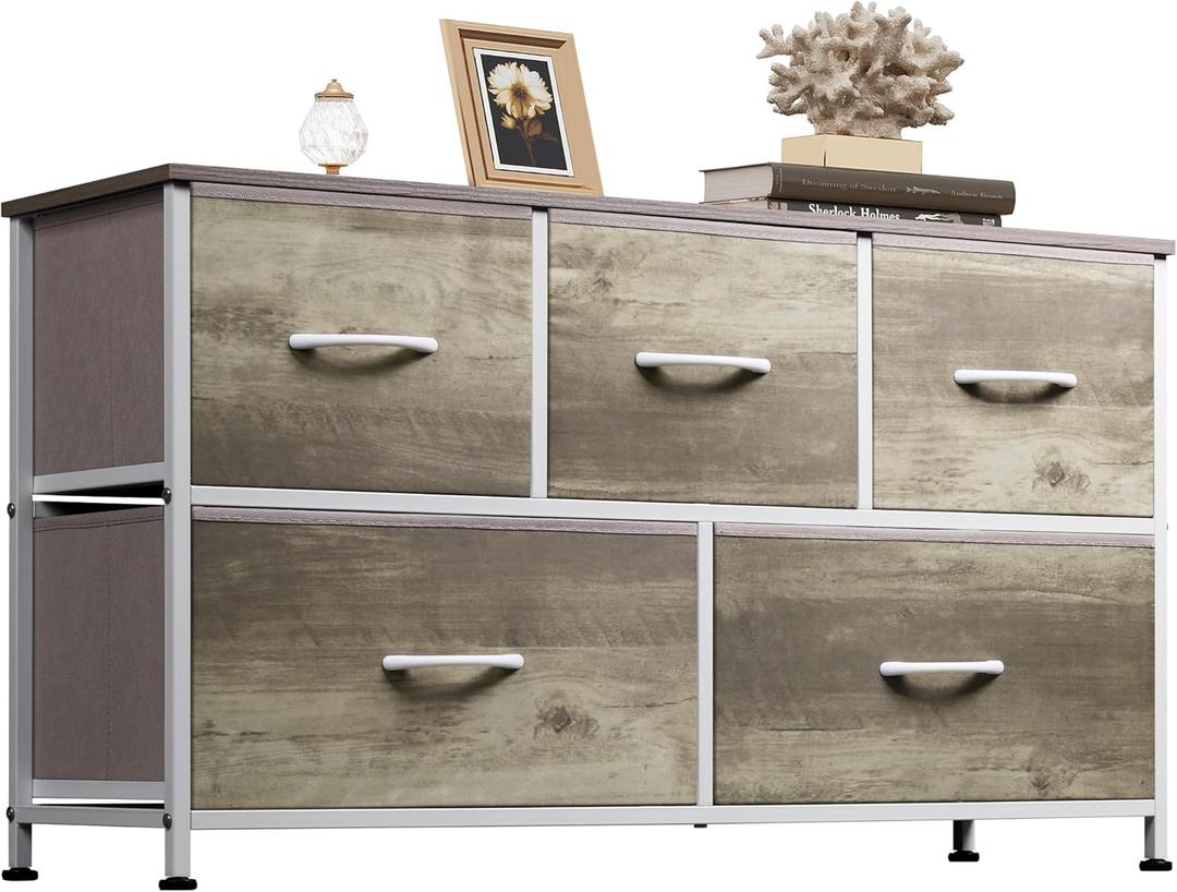 WLIVE Dresser for Bedroom with 5 Drawers, Wide Chest of Drawers, Fabric Dresser, Storage Organizer Unit with Fabric Bins for Closet, Living Room, Hallway, Greige Oak (11.81"D x 39.37"W x 21.65"H)