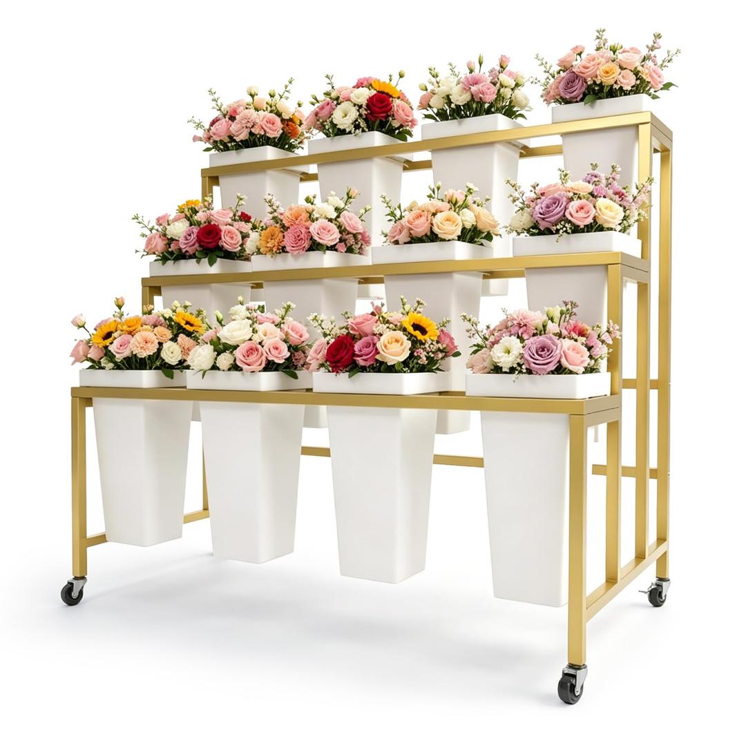 GAOWFEH Three-Tier Heavy Duty Metal Flower Bar Stand, Flower Cart Display Stand, Multi-Purpose Flower Display Stand with 12 Flower Buckets and Wheels for Florist Shop, Wedding Decor