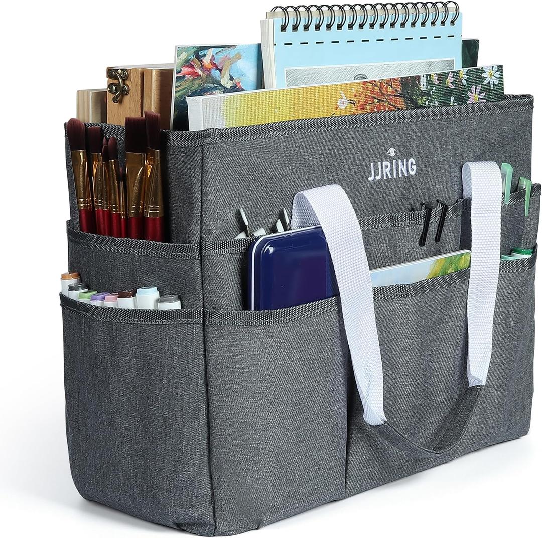 JJRING Craft Organizer Tote Bag, Large Art Storage Caddy with Multiple Pockets, Gray Sewing Bag for Art, Craft, Scrapbooking, School, Medical, and Office Supplies Storage (Grey)