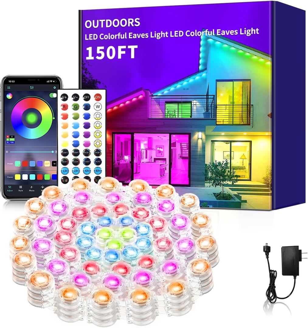 Permanent Outdoor Lights 150ft Smart Outside RGB LED Christmas Light, App Control Remote IP67 Waterproof Eternity Eaves Lighting for HalloweenHousePatio Decor Garden Decor, Decorations