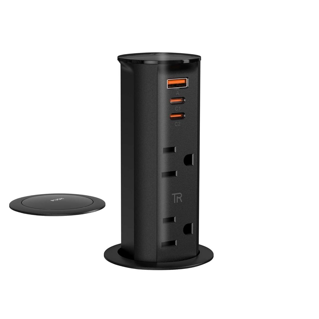 ANNQUAN 2-inch Space Saver Pop Up Outlet for Countertop with PD20W USB Ports,2 Outlets Tamper Resistant, Splashproof Pop Up Socket, Desk Power Grommet for Home Office Kitchen Black (ETL Listed) (6ft Cord)
