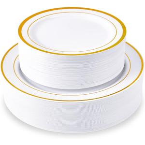 100 Piece Disposable Gold Plastic Party Plates, Including 50 10 Inch Dinner Plates and 50 7 Inch for Dessert, Great for Parties, Weddings, Home Use, and Christmas