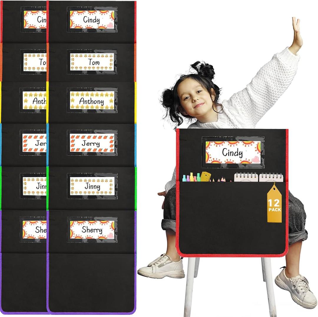 12 Pcs Classroom Chair Pockets, 17 x 15 Inch Seat Sacks for Chairs, Buddy Pocket, Chart Seat Back Organizer With Name Tag